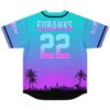 Illenium fan teal-purple gradient phoenix rave baseball jersey with custom name and number, palm trees and city skyline, back view