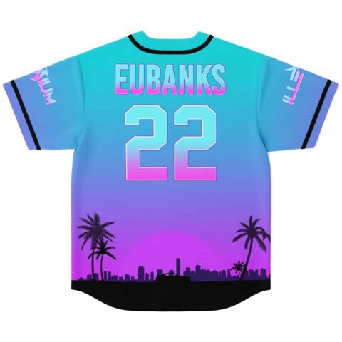 Teal-purple gradient phoenix jersey back with EUBANKS 22, palm trees, and silhouetted city skyline