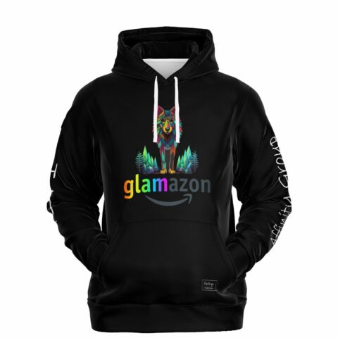 Black hoodie with colorful graphic design and 'glamazon' text