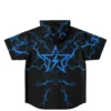 Hooded baseball jersey with blue lightning cracks and star emblem, back view on white background