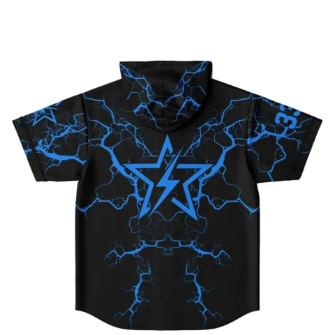 Hooded baseball jersey with blue lightning cracks and star emblem, back view on white background