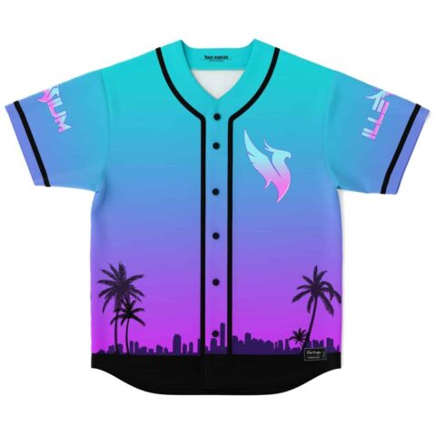 Miami sunset skyline gradient baseball jersey front with winged emblem and palm silhouettes, shown flat