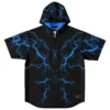 Black hooded baseball jersey with electric blue lightning cracks, front view on white background