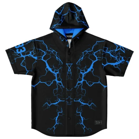 Black hooded baseball jersey with electric blue lightning cracks, front view on white background