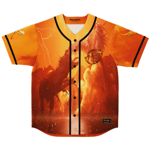 Rearing horse jersey front view amid orange flames, lightning, and black-trimmed buttons