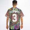 Psychedelic eye and mushroom swirls with large white number 3, modeled back view
