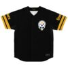Black-and-gold skull emblem with circular badge and striped sleeves, front view on white background