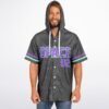 Model in charcoal topographic contour jersey with hood up and purple SPACE 92 lettering