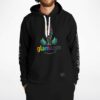 Front view of black hoodie with vibrant graphic and text design