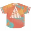 Coral orange marbled pattern jersey back, turquoise swirls, white sleeve piping, oversized striped triangle graphic