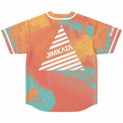 Coral orange marbled pattern jersey back, turquoise swirls, white sleeve piping, oversized striped triangle graphic