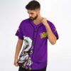 Angled view of purple anime-inspired jersey with split character artwork, swirl pattern, and yellow accents