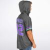 Side view highlights topographic contour pattern, hood profile, purple 92 back print, and striped sleeve