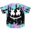 Neon dripping slime jersey back view with two white mascot silhouettes and a dripping smile