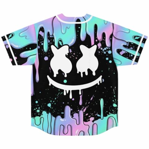 Neon dripping slime jersey back view with two white mascot silhouettes and a dripping smile
