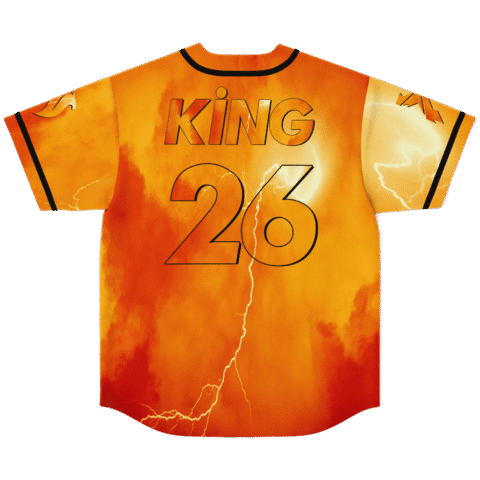 Orange lightning jersey back view with bold KING 26 lettering and fiery storm pattern