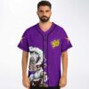 Purple festival jersey close-up highlighting white-haired character artwork, yellow script chest graphic, and black piping