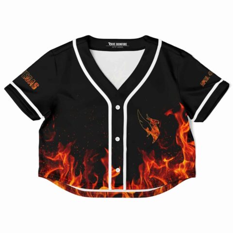 Black cropped baseball jersey with fiery phoenix graphics front view.