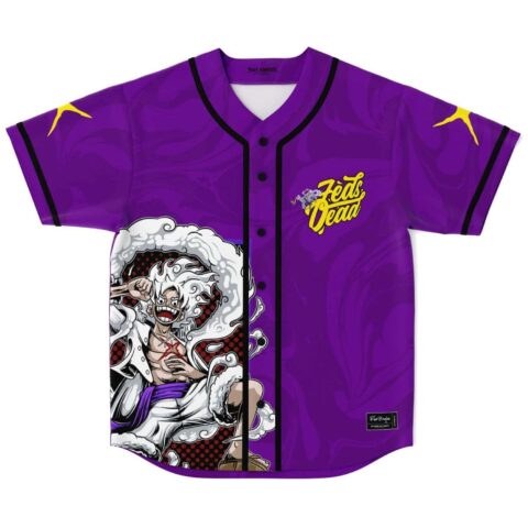 Purple anime-inspired jersey with white-haired character artwork, abstract swirl pattern, black piping, flat front view