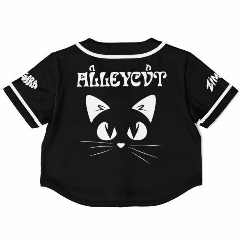 Black cropped baseball jersey with white cat graphic back view