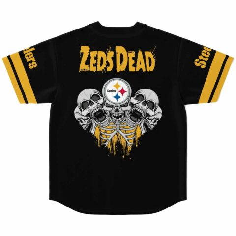 Black-and-gold triple-skull skeleton graphic with bold back lettering, back view on white background