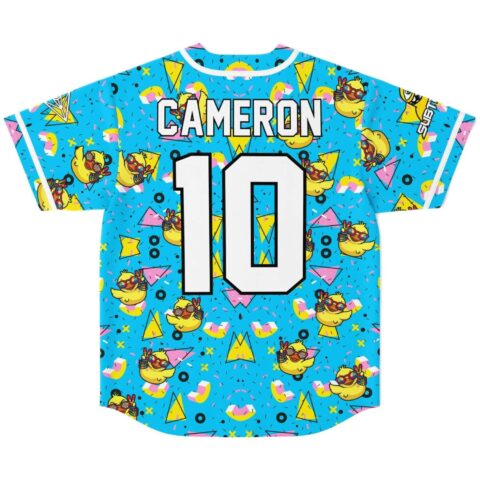Back-view jersey displays "CAMERON" and number "10" over a cyan cartoon rubber duck pattern