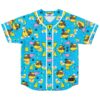Jersey with bright cyan cartoon rubber ducks, goggles, geometric confetti, white trim on white background