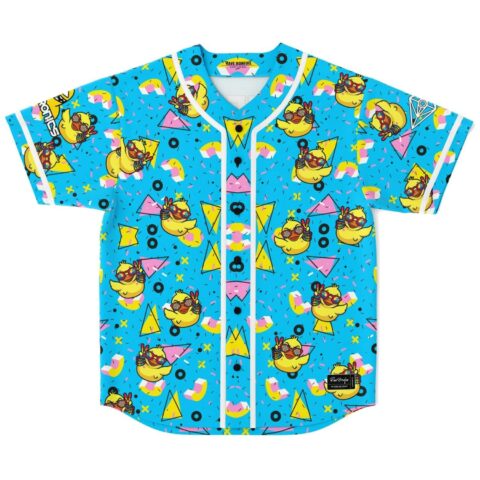 Jersey with bright cyan cartoon rubber ducks, goggles, geometric confetti, white trim on white background