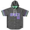 Front view charcoal topographic contour pattern with purple SPACE 92 lettering and mint sleeve stripes