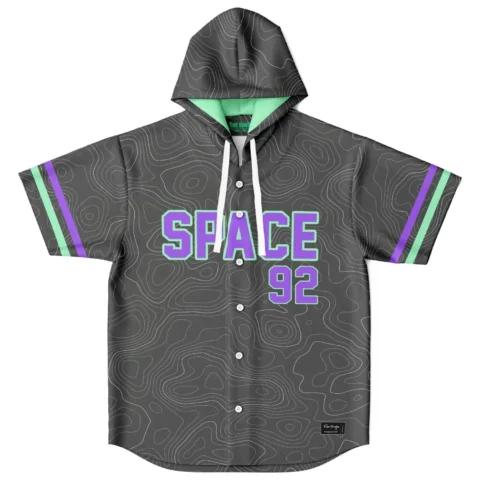 Front view charcoal topographic contour pattern with purple SPACE 92 lettering and mint sleeve stripes