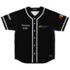 Black glamazon logo baseball jersey front view, rainbow lettering, white trim, and “President Eddie” text