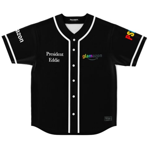 Black glamazon logo baseball jersey front view, rainbow lettering, white trim, and “President Eddie” text
