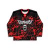 Black rave hockey jersey, screaming skull/red splatter design, red laced collar, front view