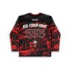 Black rave hockey jersey, red splatter design, “REAL RIDDIM HOURS” and 555, back view