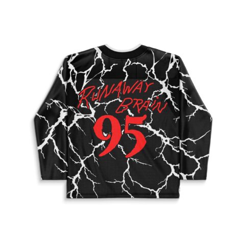 Black jersey with white lightning crackle, red RUNAWAY BRAIN text and 95 on back view