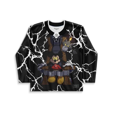 Black jersey featuring a cartoon-style mouse graphic among wooden beams and white lightning, front view