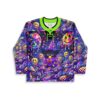 Neon acid-trip jersey with melting smileys, disco balls, mushrooms, and cartoon creature front view