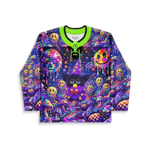 Neon acid-trip jersey with melting smileys, disco balls, mushrooms, and cartoon creature front view