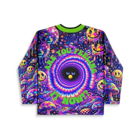 Psychedelic back with tie-dye spiral, cartoon face, and green text reading IS YOU FEELING NOW?