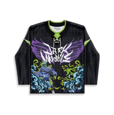 Black front jersey with purple winged crown graphic, blue-green smoke, and “RAVE NOBODY” text