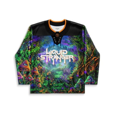 Psychedelic mushroom forest jersey front with vivid eyes, orange-trimmed collar, and lace-up neckline