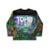 Psychedelic mushroom forest jersey back with colorful eyes, glowing foliage, and black shoulder panels