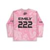 Light pink marbled swirl jersey back view with readable EMILY 222 lettering and sleeve accents