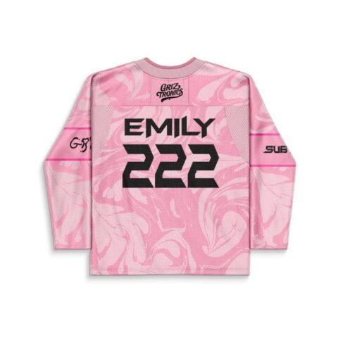Light pink marbled swirl jersey back view with readable EMILY 222 lettering and sleeve accents