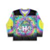 Psychedelic mushroom and dripping neon swirl jersey front with “HC PRODUCTIONS” text, studio product view