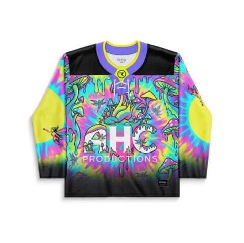 Psychedelic mushroom and dripping neon swirl jersey front with “HC PRODUCTIONS” text, studio product view