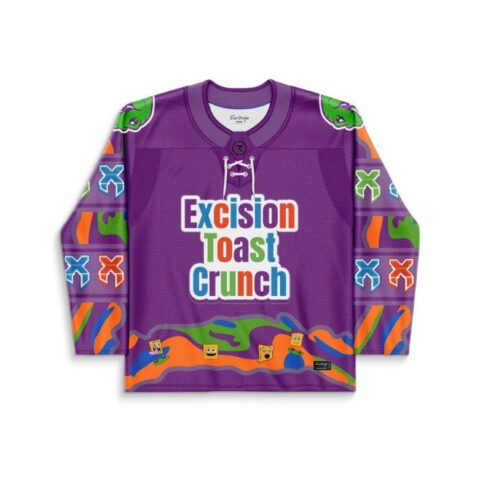 Purple cereal box jersey with Toast Crunch text and colorful cartoon waves, front view