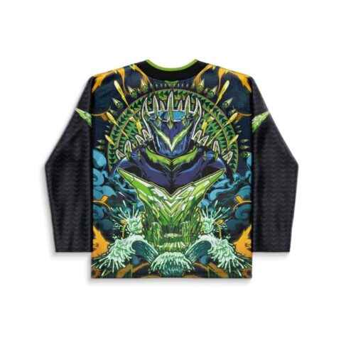 Back view featuring a green-and-blue armored crowned figure amid swirling smoke and geometric accents