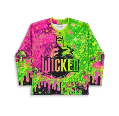 Neon acid trip jersey front view featuring a flying witch silhouette and readable WICKED lettering