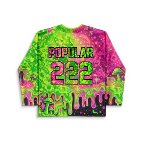 Neon acid trip jersey back view with mushrooms, dripping borders, and readable POPULAR 222 lettering